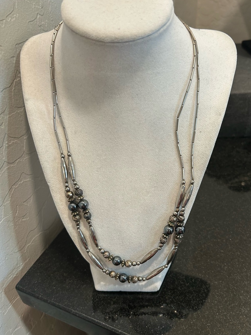 Silver-Tone Layered Beaded Necklace - Elegant Women's Jewelry 11 inches long